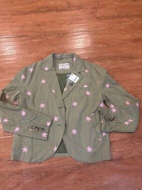Green Plaid Blazer with Pink Floral Embroidery